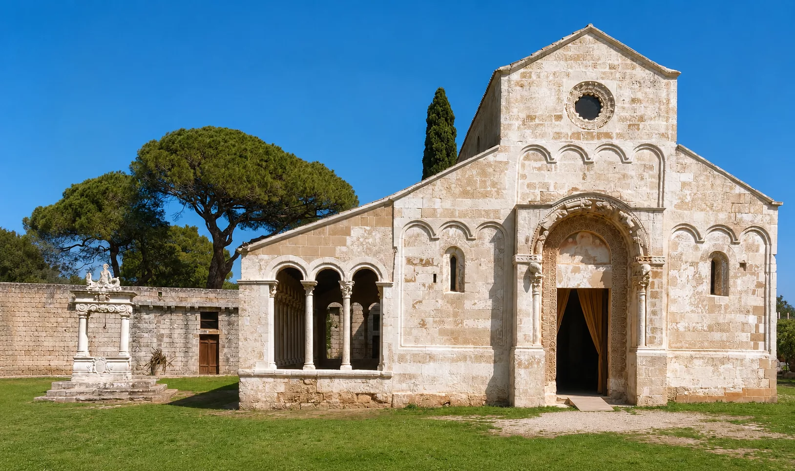 Abbazia di Santa Maria di Cerrate, prezioso esempio di architettura romanica salentina immerso nel verde.
