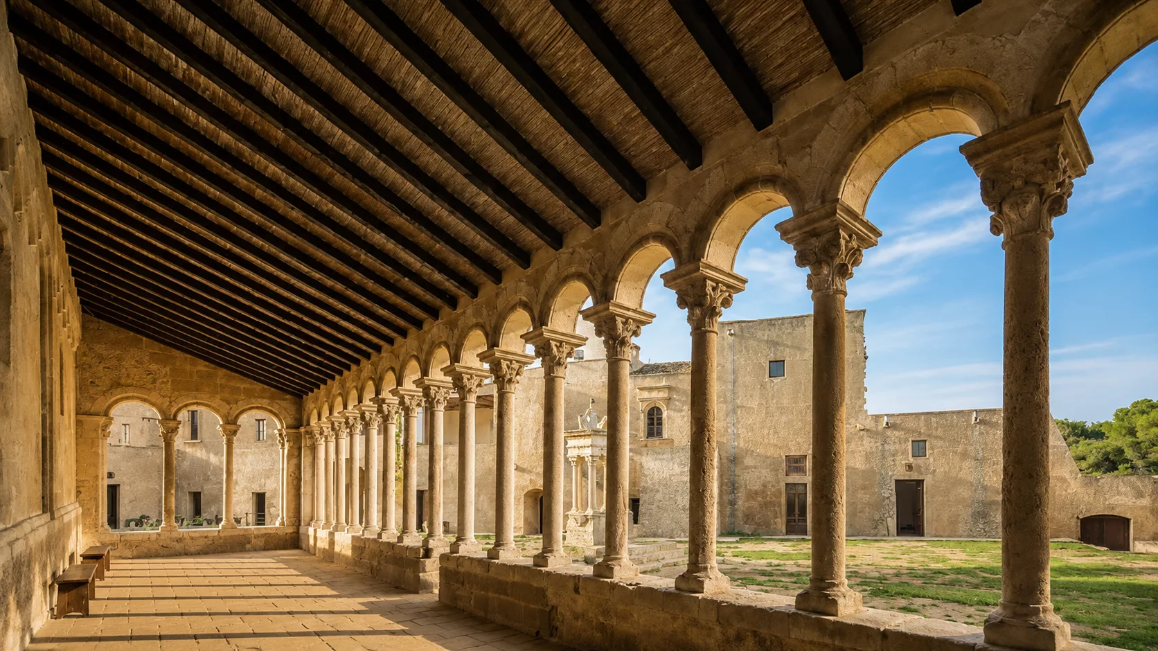 Porticato dell’Abbazia di Santa Maria di Cerrate, caratterizzato da eleganti archi e colonne romaniche illuminate dalla luce naturale.