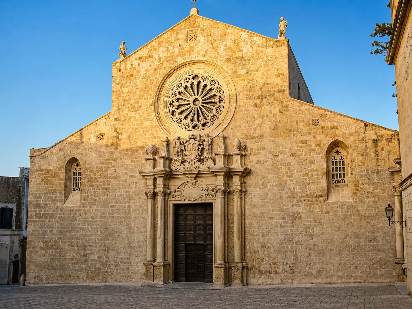 Facciata della Cattedrale di Otranto illuminata dalla calda luce del tramonto.