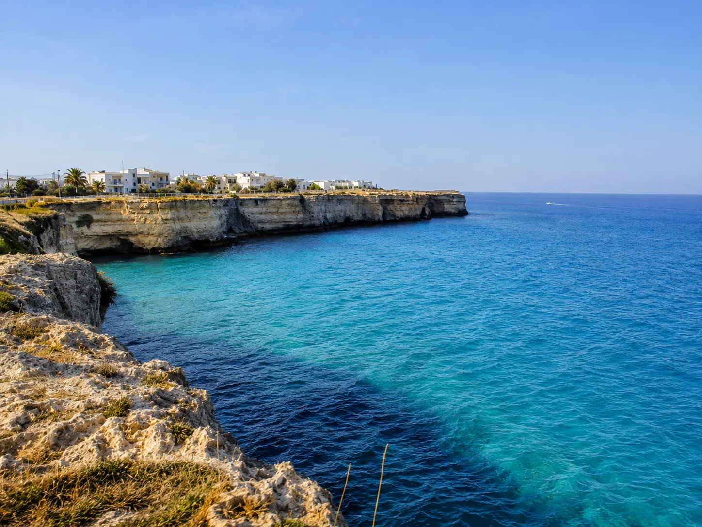 Scogliera di Torre dell’Orso affacciata sul mare cristallino, con le abitazioni costiere sullo sfondo.