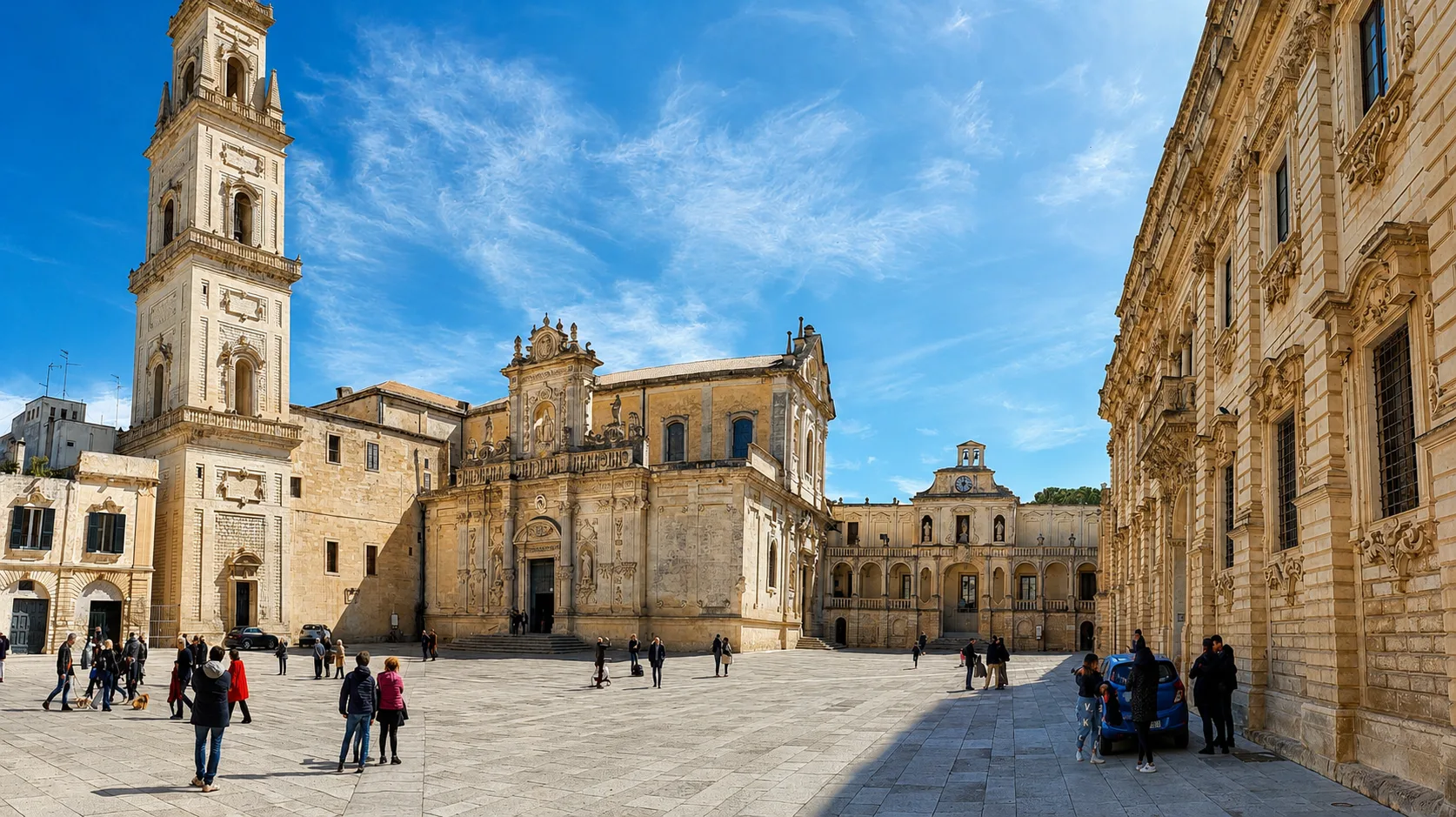 Piazza Duomo a Lecce, dominata dal campanile e dalla Cattedrale barocca, in una luminosa giornata di cielo sereno.